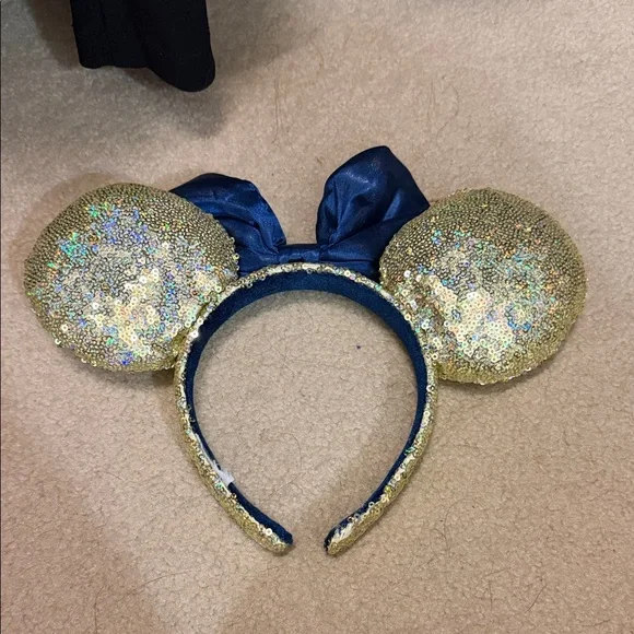 Gold Sequin Mickey Mouse Ears with Blue Bow - Picture 2 of 2